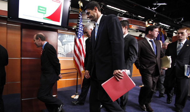 House Budget Committee Chairman Rep. Paul Ryan (R-WI), center, and others leave a news conference on Capitol Hill in Washington, where he discussed his budget blueprint. (AP/Jacquelyn Martin)