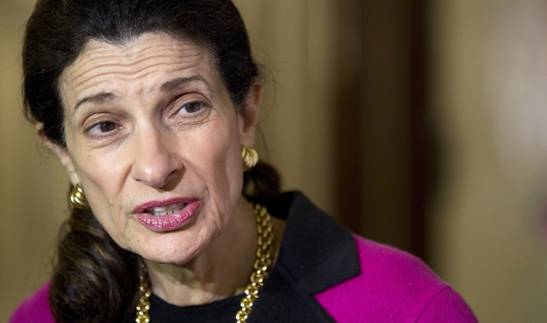 Sen. Olympia Snowe (R-ME) speaks to media outside her office on Capitol Hill in Washington. (AP/Carolyn Kaster)