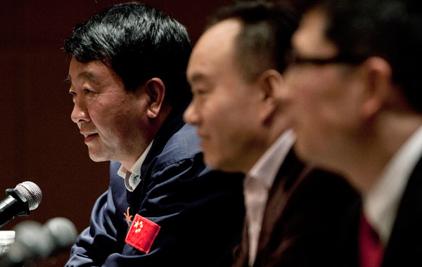 Solar energy company CEOs speak during a November 2011 press briefing in Beijing, China, after a group of China's biggest solar energy companies rejected a U.S. trade complaint that they are unfairly supported by the Chinese government.
  (AP/Andy Wong)