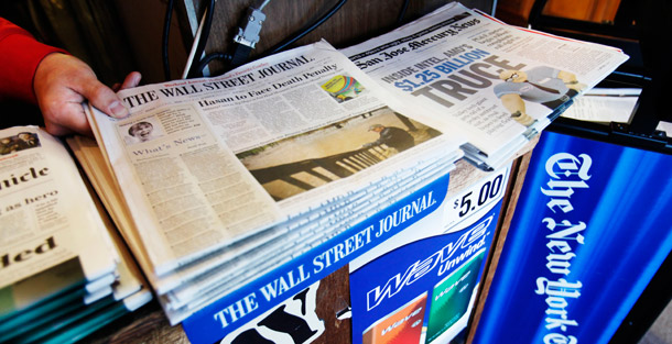 A newspaper rack is shown in Palo Alto, California. Newspaper revenue fell to its lowest level since 1984 last year.
<br /> (AP/Paul Sakuma)
