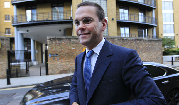 Former News International Executive Chairman James Murdoch arrives at News International headquarters in London, Tuesday, July 19, 2011. (AP/Sang Tan)