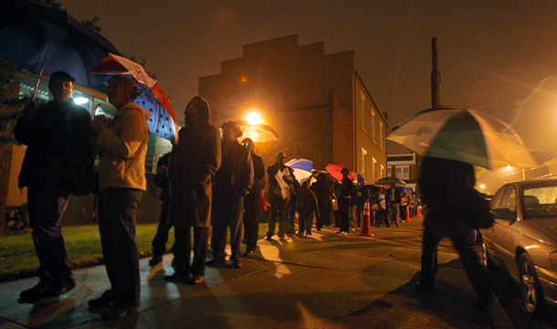 Voters line up before 6:00 a.m. outside the City Hall East voting precinct in Richmond, Virginia, Tuesday, November 4, 2008. (AP/Richmond Times-Dispatch, Eva Russo)