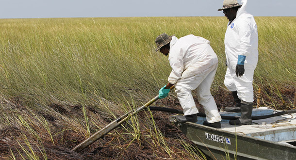 Workers vacuum up oil from the Deepwater Horizon oil spill that impacted marsh grass in Bay Jimmy on the Louisiana coast on September 16, 2010. Two years later the Gulf Coast economy and environment are still recovering.
  (AP/Patrick Semansky)