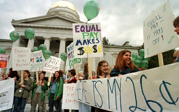 People gather on the steps of the Vermont statehouse for a rally on National Equal Pay Day. Women are now either the sole breadwinners or are co-breadwinners in most American families.<br /> (AP/Toby Talbot)