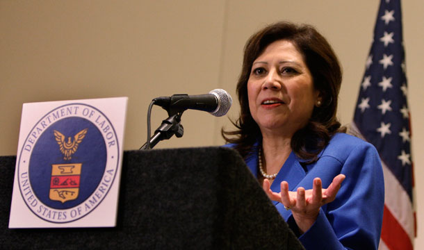 U.S. Secretary of Labor Hilda Solis speaks at a news conference. Solis recently spoke about green jobs and how they benefit women in America.<br /> (AP/Al Behrman)