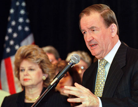 Conservative writer John Derbyshire, who was fired from <i>National Review</i> in response to a racism-laden piece he wrote for a little-known website, joins the likes of former MSNBC commentator Pat Buchanan, pictured here, who was fired for writing an odious book lamenting the decline of white supremacy in the United States. (AP/ Ann Heisenfelt)