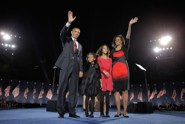 President-elect Barack Obama and his family wave at the election night rally in Chicago in 2008. At the time many wanted wanted to believe the nation was finally closing the books on its discriminatory history, but acting as if racial disparities don’t exist is nothing more than an excuse to preserve the status quo. (AP/ Jae C. Hong)