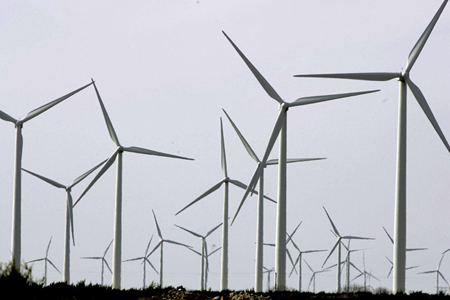 Wind turbines are seen at the Horse Hollow Wind Energy Project in rural Taylor County, north of Wingate, Texas, Tuesday, January 9, 2007. (AP/LM Otero)