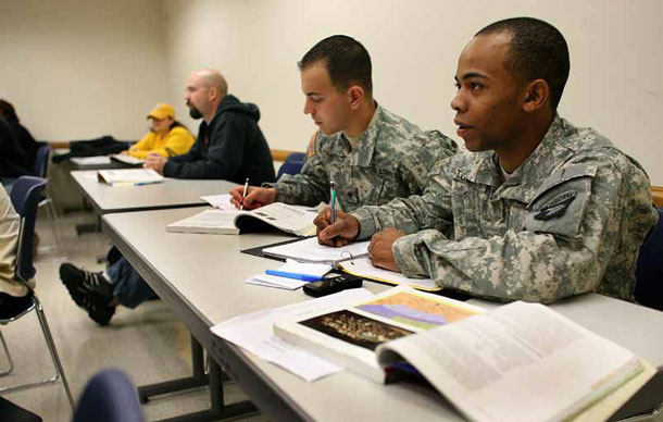 Developing strategies that increase the likelihood of veterans  completing their studies and earning their degrees will certainly  contribute positively to this goal and simultaneously promote national  competitiveness as well as appropriately compensating veterans for their  service. (AP/ Josh Anderson)