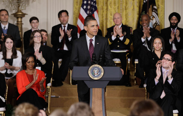 President Barack Obama speaks at a conference on bullying prevention in the East Room of the White House in March.<br /> (AP/Charles Dharapak)