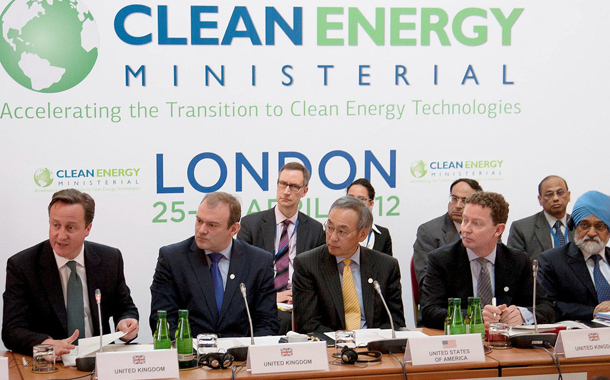 Prime Minister David Cameron, left, speaks at the Clean Energy Ministerial meeting in London on Thursday, April 26, 2012, alongside U.K. Energy Secretary Edward Davey, U.S. Energy Secretary Steven Chu, U.K. Energy Minister Gregory Barker, and India's Deputy Chairman for the Planning Commission Montek Singh Ahluwalia. (Flickr/<a href=