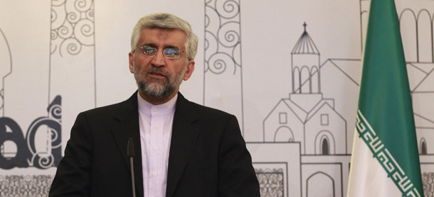 Iran's Chief Nuclear Negotiator Saeed Jalili speaks to the media after negotiations between the United States and five other world powers in Baghdad, Iraq, on May 24, 2012. (AP/Khalid Mohammed)