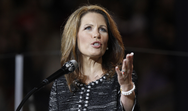 Rep. Michele Bachmann (R-MN) gestures during a speech at Liberty University in Lynchburg, Virginia. (AP/Steve Helber)