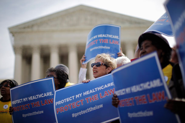 Supporters of the Affordable Care Act reform rally in front of the Supreme Court in Washington, D.C. on the final day of arguments regarding President Barack Obama's signature piece of legislation. A ruling that strikes down this important law would not only undo decades of precedent, it would have a devastating effect on the health and well-being of millions of women. (Center for American Progress)