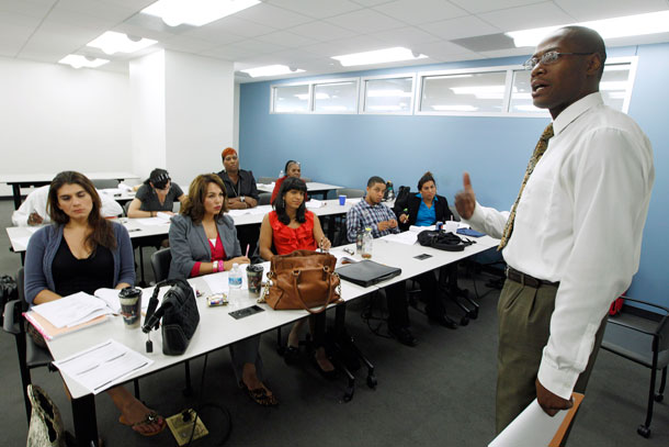 Rodney Brown speaks to students during the Project Empowerment workshop at Department of Employment Services in Washington, D.C. Washington’s program is one of several transgender-oriented career development classes, workshops, or job fairs that have popped up around the country. (AP/ Jose Luis Magana)