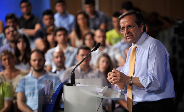 Antonis Samaras, leader of the conservative and probailout New Democracy party in Greece, speaks during an election rally in June. His party's victory in the recent elections means Greece will likely remain in the eurozone for now.
  (AP/Nikolas Giakoumidis)