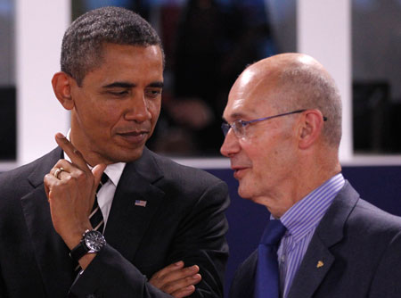 President Barack Obama talks with World Trade Organization Secretary General Pascal Lamy, who warns that “the discrepancy between the commitments taken [by the G-20 countries to  avoid protectionism] and the actions on the ground add to credibility  concerns.” (AP/ Charles Dharapak)
