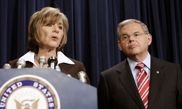 Sens. Barbara Boxer (D-CA) and Robert Menendez (D-NJ) speak to reporters in 2008 on Capitol Hill. The senators co-sponsored a bill to reform the Home Affordable Refinance Program.  (AP/Lauren Victoria Burke)