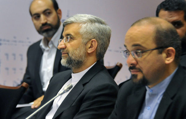 Chief Iranian nuclear negotiator Saeed Jalili, center, takes part in the talks on the controversial Iranian nuclear program in Moscow earlier this week.<br /> (AP/Alexander Nemenov)