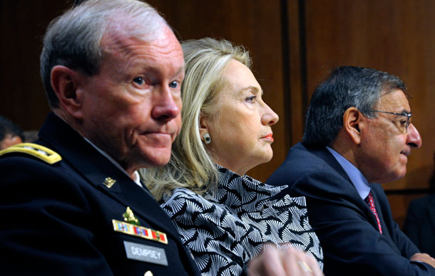 Secretary of State Hillary Clinton, center, Defense Secretary  Leon Panetta, right, and Joint Chiefs Chairman Gen. Martin E. Dempsey  testify on Capitol Hill in May before  the Senate Foreign Relations Committee hearing on the Law of the Sea  Convention. (AP/Cliff Owen)