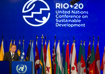 U.N. Secretary-General Ban Ki-moon speaks during the closing ceremony of the Rio+20 U.N. Conference on Sustainable Development in Rio de Janeiro, Brazil. (AP/Andre Penner)