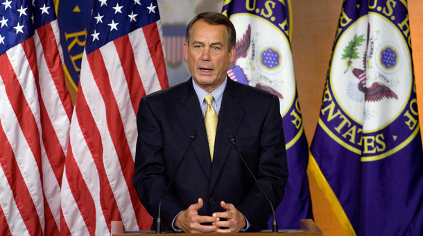 House Speaker John Boehner (R-OH) talks about debt-ceiling talks with the White House during a news conference on Capitol Hill in Washington on Friday, July 22, 2011. The Budget Control Act of 2011, which brought last year's debt-ceiling crisis to an end, contains automatic, across-the-board budget cuts that would go into effect January 2, 2013. (AP/Harry Hamburg)