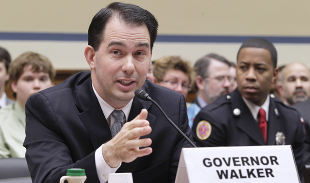 In this April 14, 2011, file photo, Wisconsin Gov. Scott Walker (R) testifies on Capitol Hill in Washington before the House Oversight Committee and Government Reform Committee. (AP/J. Scott Applewhite)