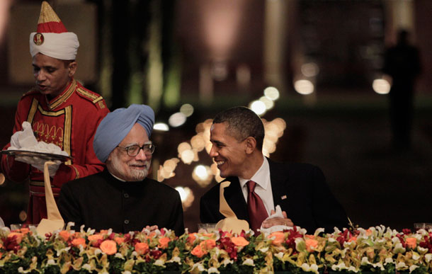 President Barack Obama and India's Prime Minister Manmohan Singh smile during a state dinner at Rashtrapati Bhavan, or President's Palace, in New Delhi, India in 2010. (AP/ Manish Swarup)