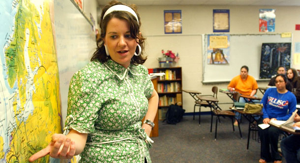 Melissa Feilmeier instructs a group of seniors in her classroom at the high school in Vilisca, Iowa. (AP/Steve Pope)