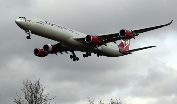 A Virgin Atlantic airplane lands at London's Heathrow Airport. (AP/Lefteris Pitarakis)