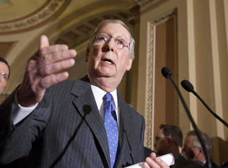 Senate Minority Leader Mitch McConnell (R-KY) gestures during a news conference on Capitol Hill in Washington. (AP/J. Scott Applewhite)