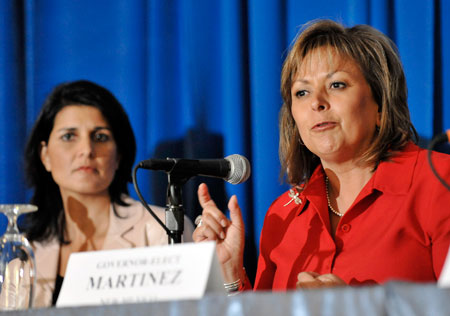 Governors Nikki Haley (R-SC), left, and Susana Martinez (R-NM) are the only current governors that are women of color. (AP/ Denis Poroy)