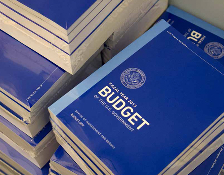 Copies of President Barack Obama's fiscal year 2013 federal budget at the House Budget Committee on Capitol Hill in Washington. (AP/J. Scott Applewhite)