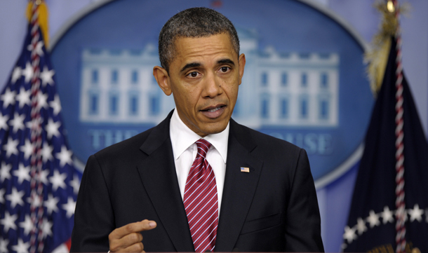 President Barack Obama announces a revamp of his contraception policy under the Affordable Care Act, no longer requiring religious institutions to fully pay for birth control, Friday, February 10, 2012, in the Brady Press Briefing Room of the White House in Washington. (AP/Susan Walsh)