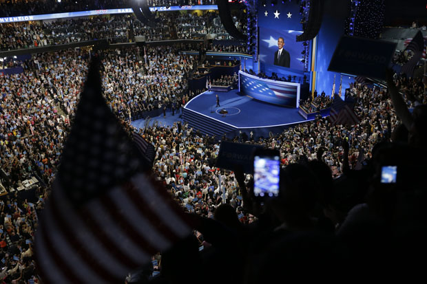 President Barack Obama finishes his speech at the Democratic National Convention in Charlotte, North Carolina, Thursday, September 6, 2012. (AP/Patrick Semansky)