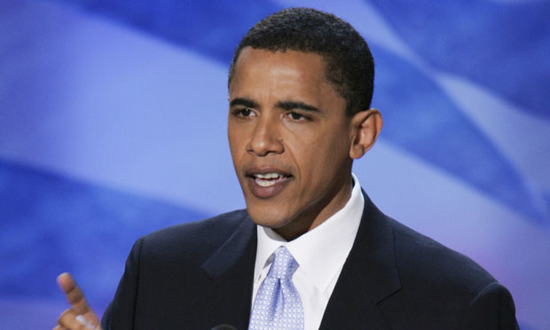 Then-Illinois State Sen. Barack Obama gives the keynote address at the Democratic National Convention on Tuesday, July 27, 2004, in Boston. (AP/Ron Edmonds)