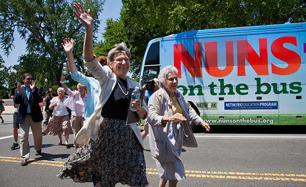Sister Simone Campbell, left, and Sister Diane Donoghue, right, lead the way as the the 