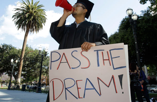 Ruben Bernal, who recently graduated from San Jose State University, rallies for the Dream Act in downtown San Jose. (AP/Paul Sakuma)