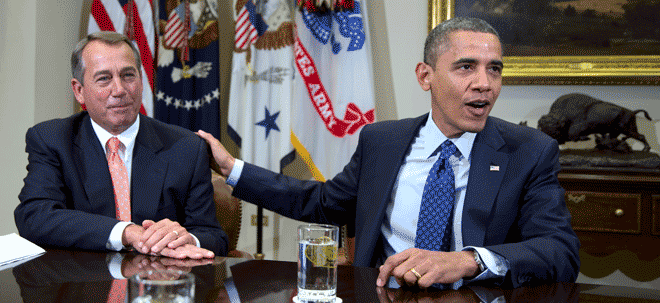 President Barack Obama acknowledges House Speaker John Boehner of Ohio while speaking to reporters in the Roosevelt Room of the White House in Washington, Friday, Nov. 16, 2012 during a bipartisan, bicameral meeting on the fiscal cliff. (AP Photo/Carolyn Kaster)