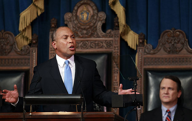 Massachusetts Gov. Deval Patrick, left, delivers his State of the State address in the House Chamber at Statehouse in Boston, January 23, 2012, as Lt. Gov. Timothy Murray, right, looks on. Massachusetts is a leader in the use of social impact bonds. (AP/Steven Senne)