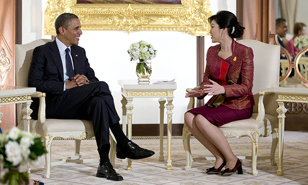 U.S. President Barack Obama, left, and Thai Prime Minister Yingluck Shinawatra talk before a meeting at Government House in Bangkok, Thailand, Sunday, November 18, 2012. (AP/Carolyn Kaster)