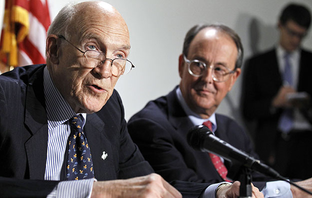 Former U.S. Sen. Alan Simpson (R-WY), left, and former White House Chief of Staff Erskine Bowles take part in a news conference on Capitol Hill in Washington. The Simpson-Bowles budget proposal would bring in $2.7 trillion in additional revenue over 10 years. (AP/Alex Brandon)