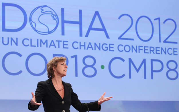 European Commissioner for Climate Action Connie Hedegaard addresses the media on the international climate negotiations in Doha. The European Union has signaled its interest in signing onto a second phase of the Kyoto Protocol. (AP/Yves Logghe)