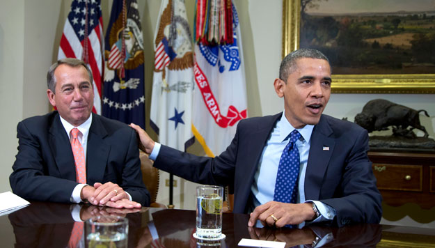 President Barack Obama and House Speaker John Boehner (R-OH) speak to reporters in the White House. President Obama's newest plan to address the fiscal showdown largely resembles the Simpson-Bowles deficit reduction plan. (AP/Carolyn Kaster)