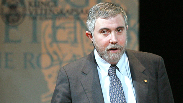 Paul Krugman, winner of the Nobel Prize in economic sciences for 2008, holds his Nobel lecture at Stockholm University in Sweden. (AP/ Fredrik Persson)