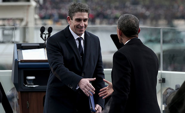 President Barack Obama greets poet Richard Blanco on the West Front of the Capitol in Washington, Monday, January 21, 2013, after Blanco's reading at the president's ceremonial swearing-in ceremony during the 57th Presidential Inauguration. (AP/Win McNamee)