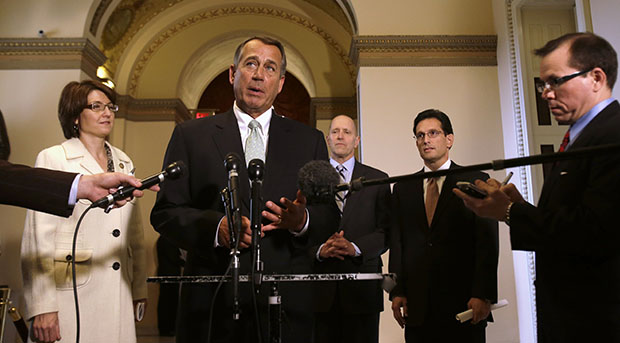 House Speaker John Boehner (R-OH), center, speaks during a news conference on Capitol Hill in Washington, Wednesday, January 23, 2013, to discuss the debt limit. From left are Rep. Cathy McMorris Rodgers (R-WA), House Speaker Boehner, House Ways and Means Committee Chairman Dave Camp (R-MI), and House Majority Leader Eric Cantor (R-VA). (AP/Jacquelyn Martin)