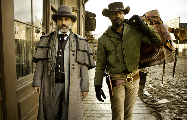 This undated publicity image released by The Weinstein Company shows, from left, Christoph Waltz as Schultz and Jamie Foxx as Django in 