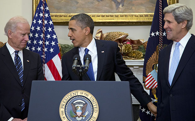 President Barack Obama looks to Vice President Joe Biden, left, as he announces his nomination of Sen. John Kerry (D-MA), right, as next secretary of state in the Roosevelt Room of the White House, Friday, December 21, 2012, in Washington. (AP/Carolyn Kaster)