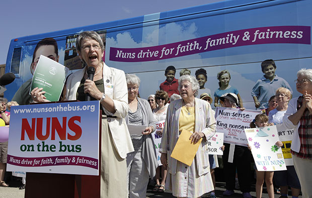 Sister Simone Campbell, executive director of Network, speaks during a stop on the first day of a nine-state Nuns on the Bus tour, Monday, June 18, 2012, in Ames, Iowa. (AP/Charlie Neibergall)